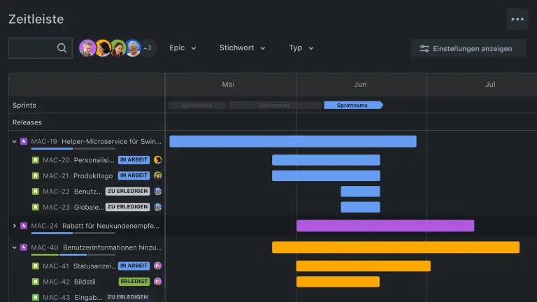 Zeitleistenansicht im dunklen Modus in Jira